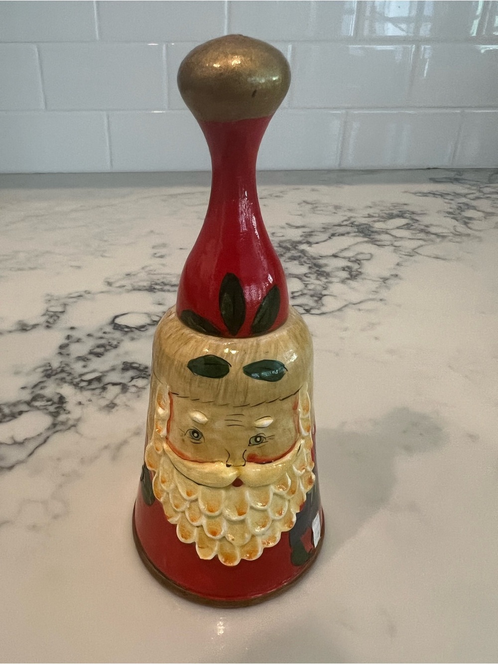 Vintage Wood Carved Folk Art Christmas Hand Painted Santa St. Nick Bell